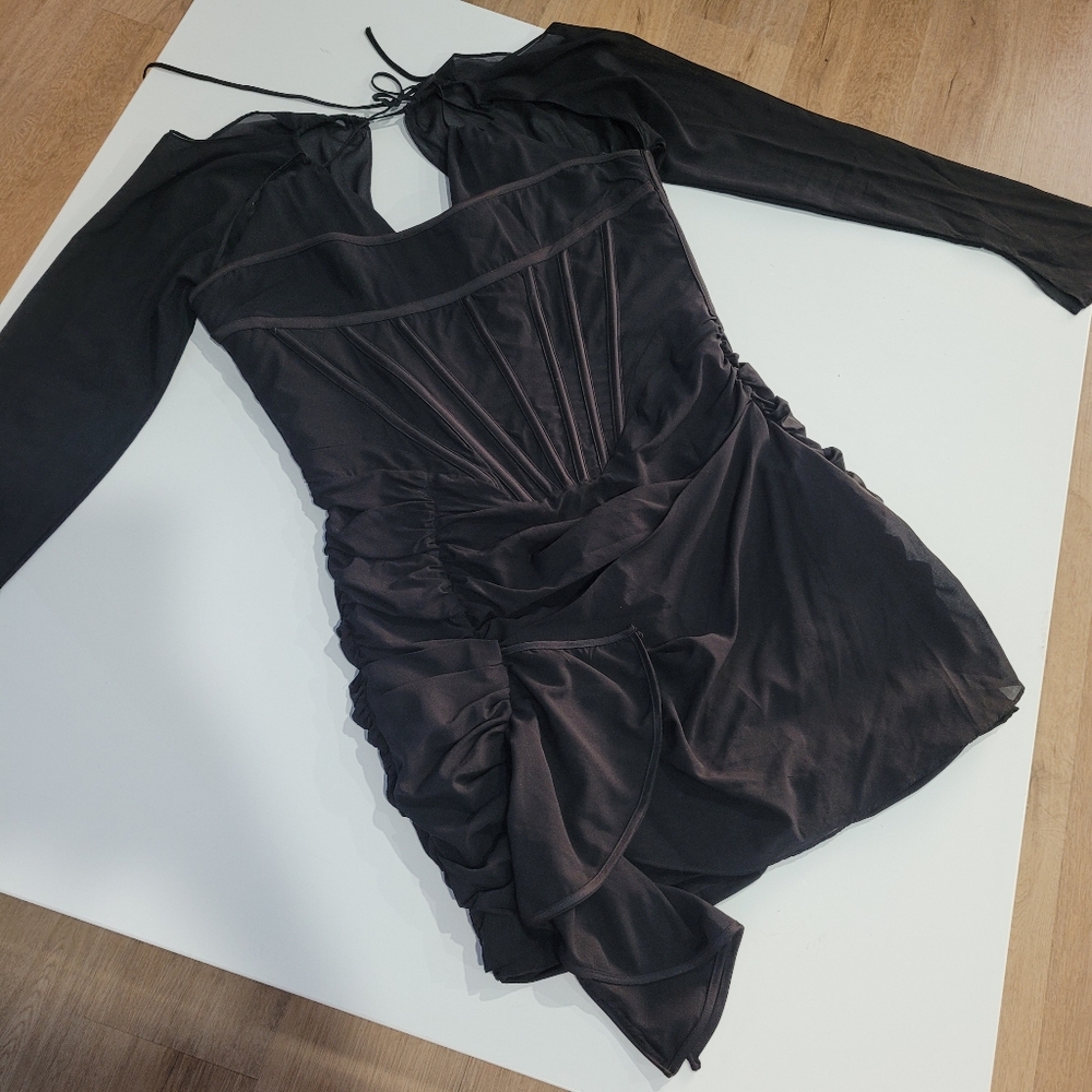 House of CB Black Long-Sleeve Ruched Corset Mini Dress
